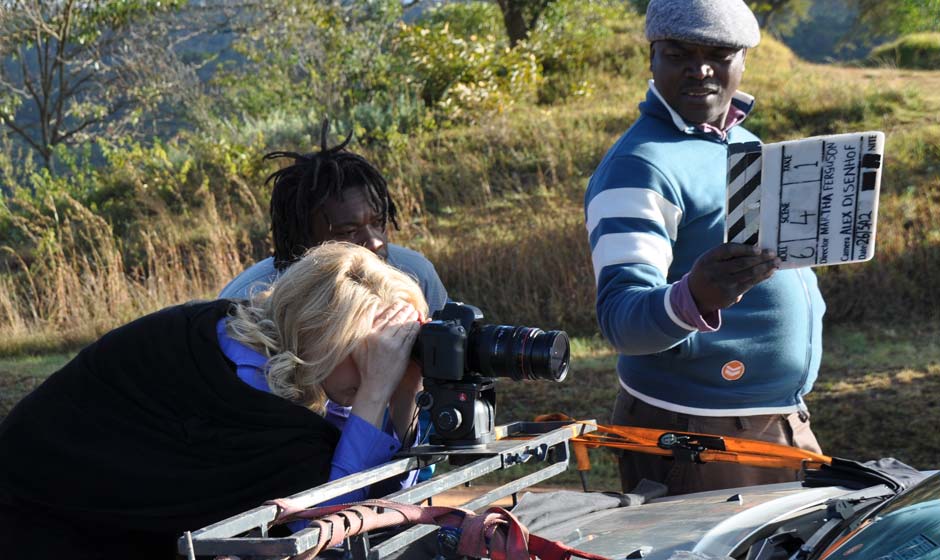 Freestate short film, behind-the-scenes image of filming the driving scene, Director and Executive Producer Martha Ferguson